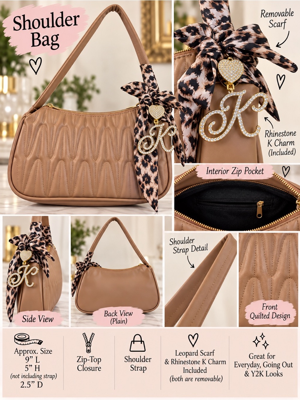 Tan Quilted Shoulder Bag with Leopard Scarf and Rhinestone K Charm - New